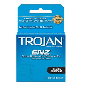 Trojan Blue ENZ, Premium Lubricant, 3 latex Condoms per case.