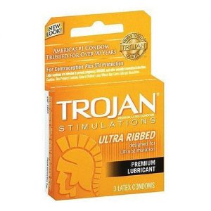 Trojan Brown Ultra Ribbed, Premium Lubricant, 3 latex Condoms per case.
