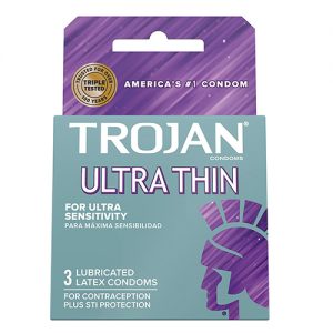 Trojan Gray Ultra Thin, Premium Lubricant, 3 latex Condoms per case.