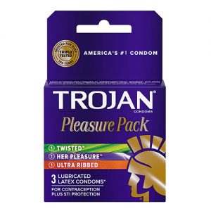 Trojan Pleasure Pack Ultra Ribbed, 3 latex Condoms per case.