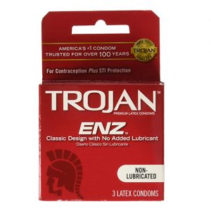 Trojan Red ENZ, Non Lubricated, 3 latex Condoms per case.